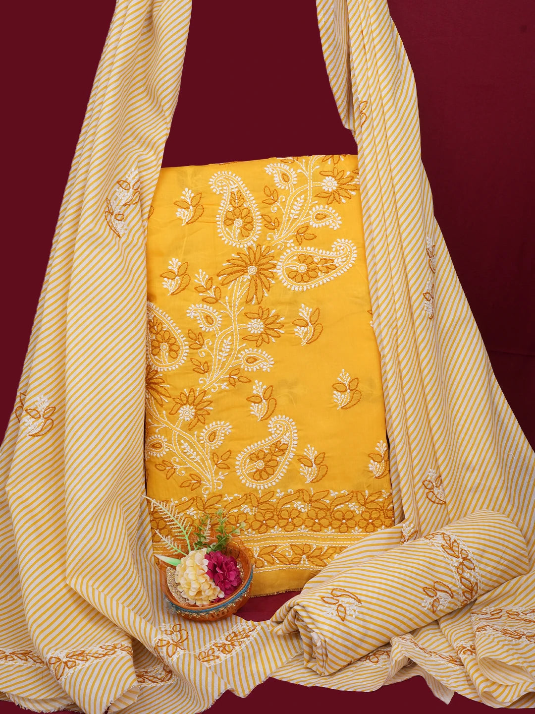 Ada Hand Embroidered Yellow Cotton Lucknowi Chikankari Unstitched Suit Piece 01A705369