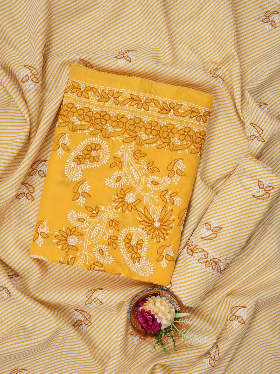 Ada Hand Embroidered Yellow Cotton Lucknowi Chikankari Unstitched Suit Piece 01A705369
