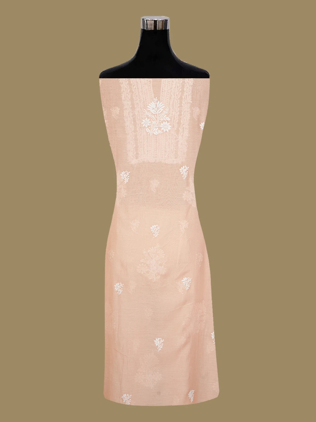 Ada Hand Embroidered Soft Peach Chanderi Lucknowi Chikankari Unstitched Kurta Dupatta Set With Pearl Work 01A690205