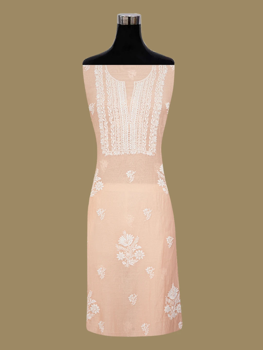 Ada Hand Embroidered Soft Peach Chanderi Lucknowi Chikankari Unstitched Kurta Dupatta Set With Pearl Work 01A690205