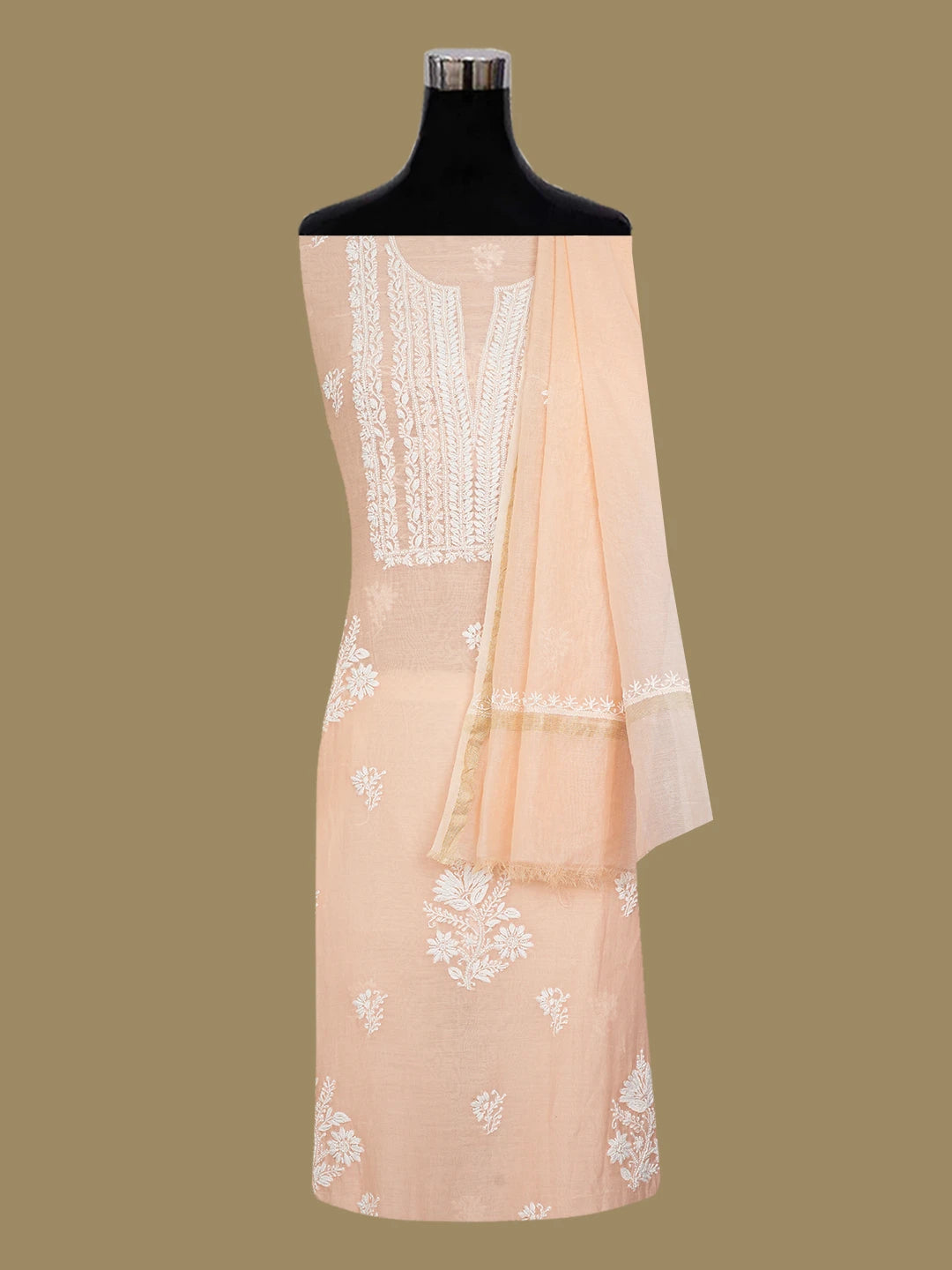 Ada Hand Embroidered Soft Peach Chanderi Lucknowi Chikankari Unstitched Kurta Dupatta Set With Pearl Work 01A690205