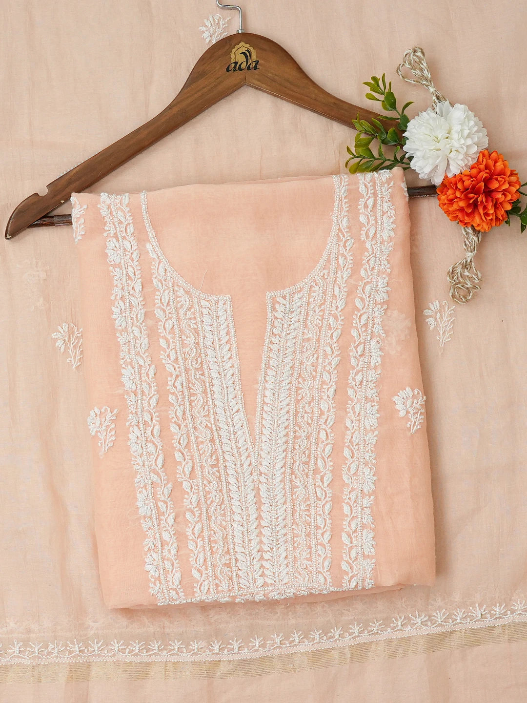 Ada Hand Embroidered Soft Peach Chanderi Lucknowi Chikankari Unstitched Kurta Dupatta Set With Pearl Work 01A690205