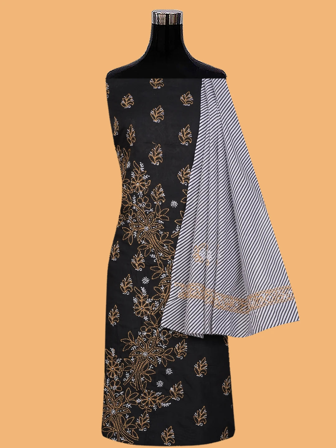 Ada Hand Embroidered Black Cotton Lucknowi Chikankari Unstitched Suit Piece 01A705373