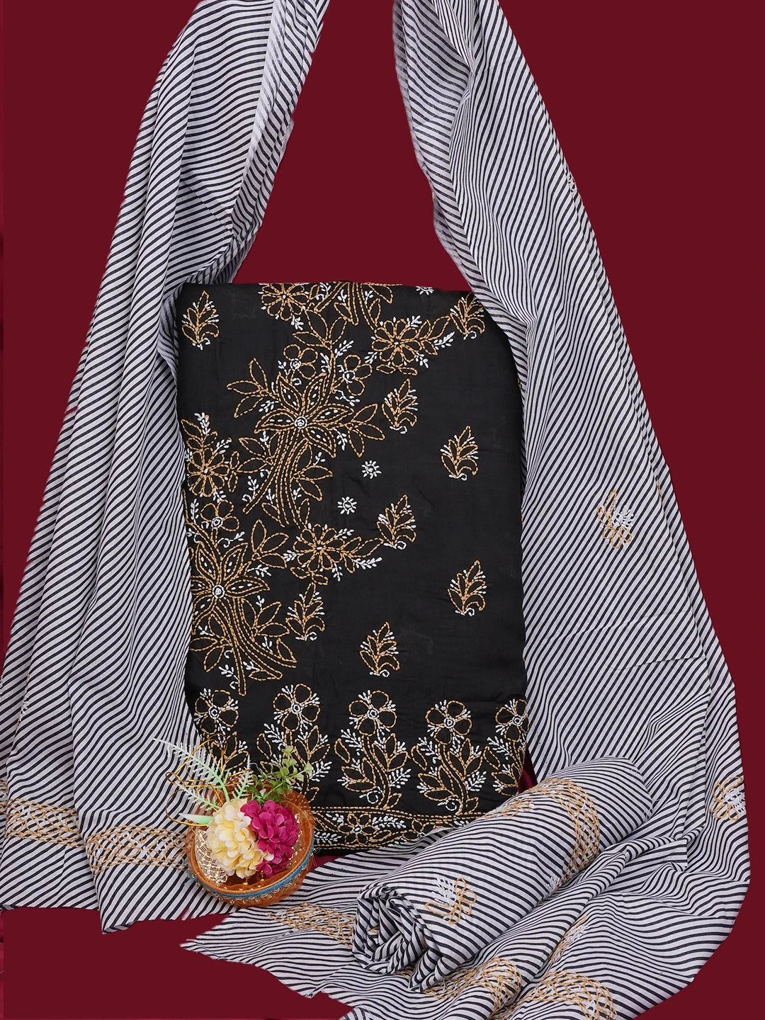Ada Hand Embroidered Black Cotton Lucknowi Chikankari Unstitched Suit Piece 01A705373