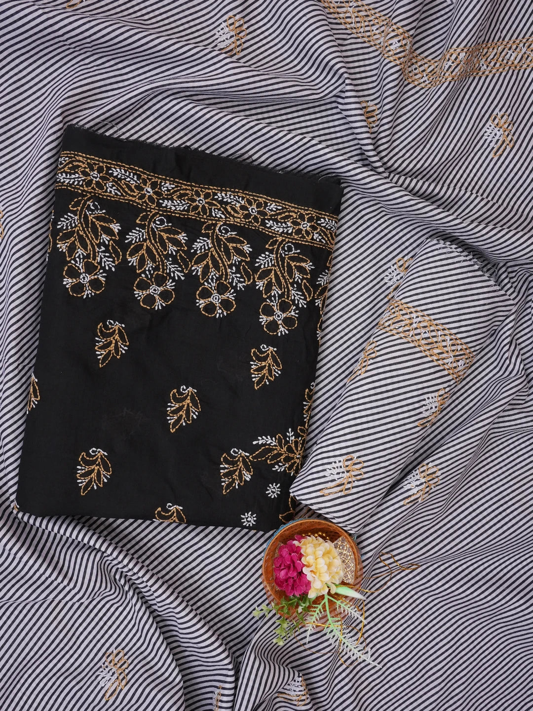 Ada Hand Embroidered Black Cotton Lucknowi Chikankari Unstitched Suit Piece 01A705373
