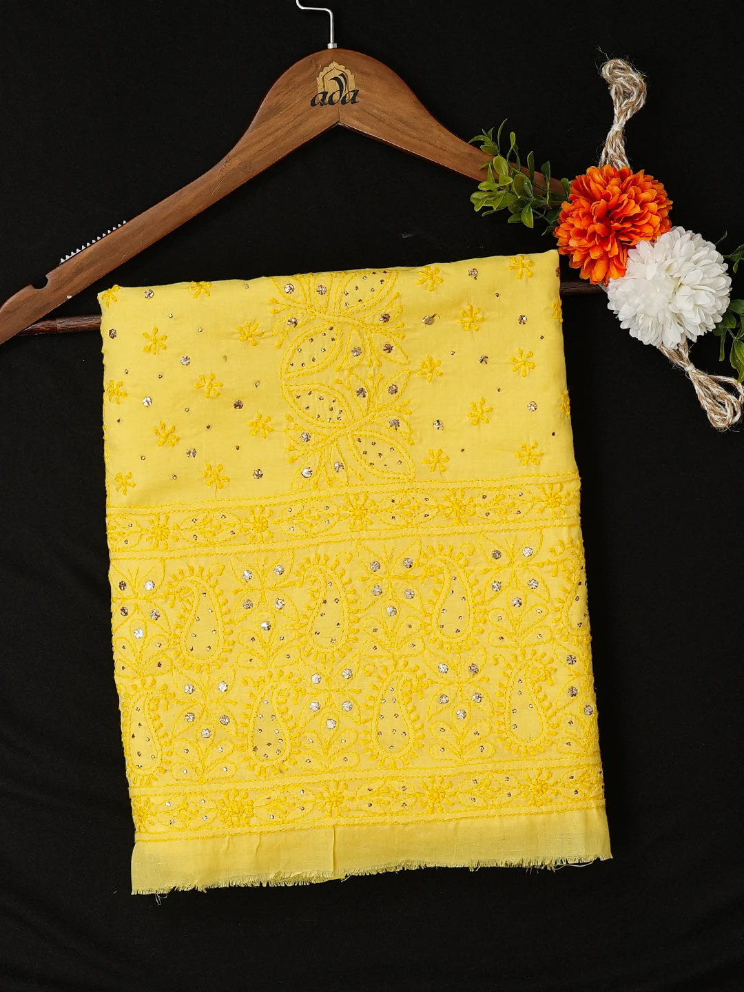 Ada Hand Embroidered Yellow Cotton Lucknowi Chikankari Unstitched Kurta Piece With Muqaish Work 01A322826