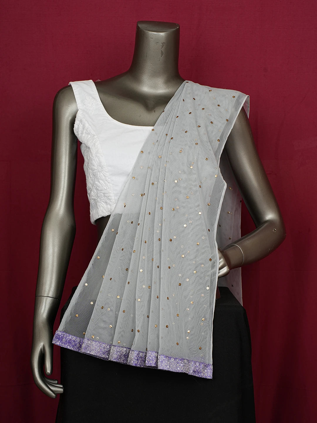 Ada Hand Embroidered Grey Net Lucknowi Chikankari Dupatta With Mukaish Work 01A632476