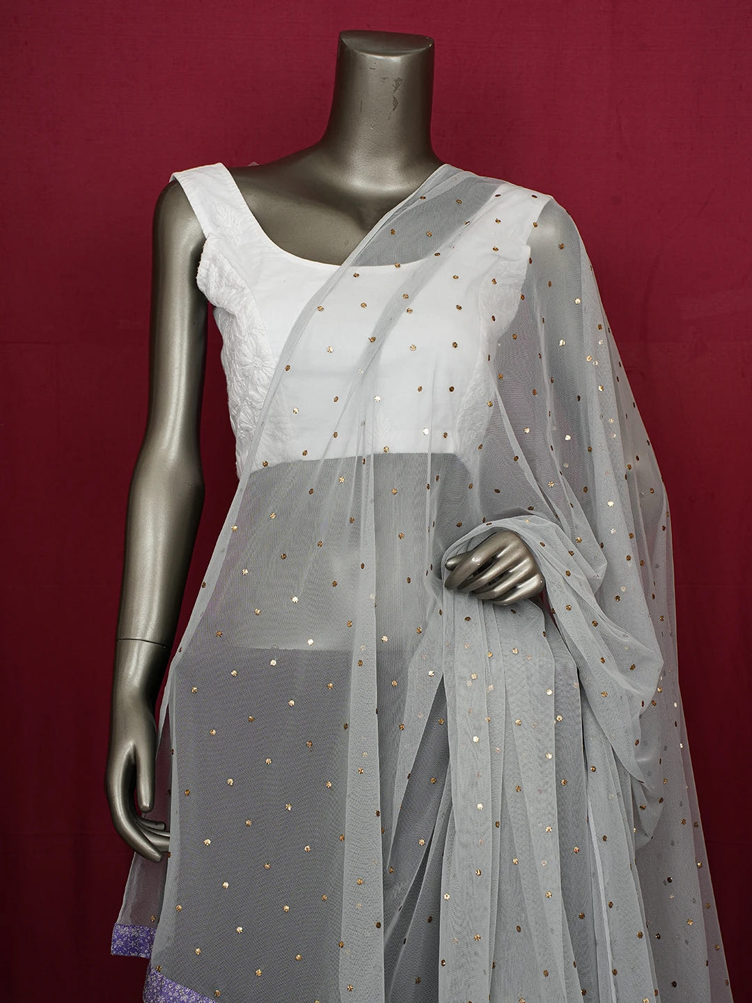 Ada Hand Embroidered Grey Net Lucknowi Chikankari Dupatta With Mukaish Work 01A632476