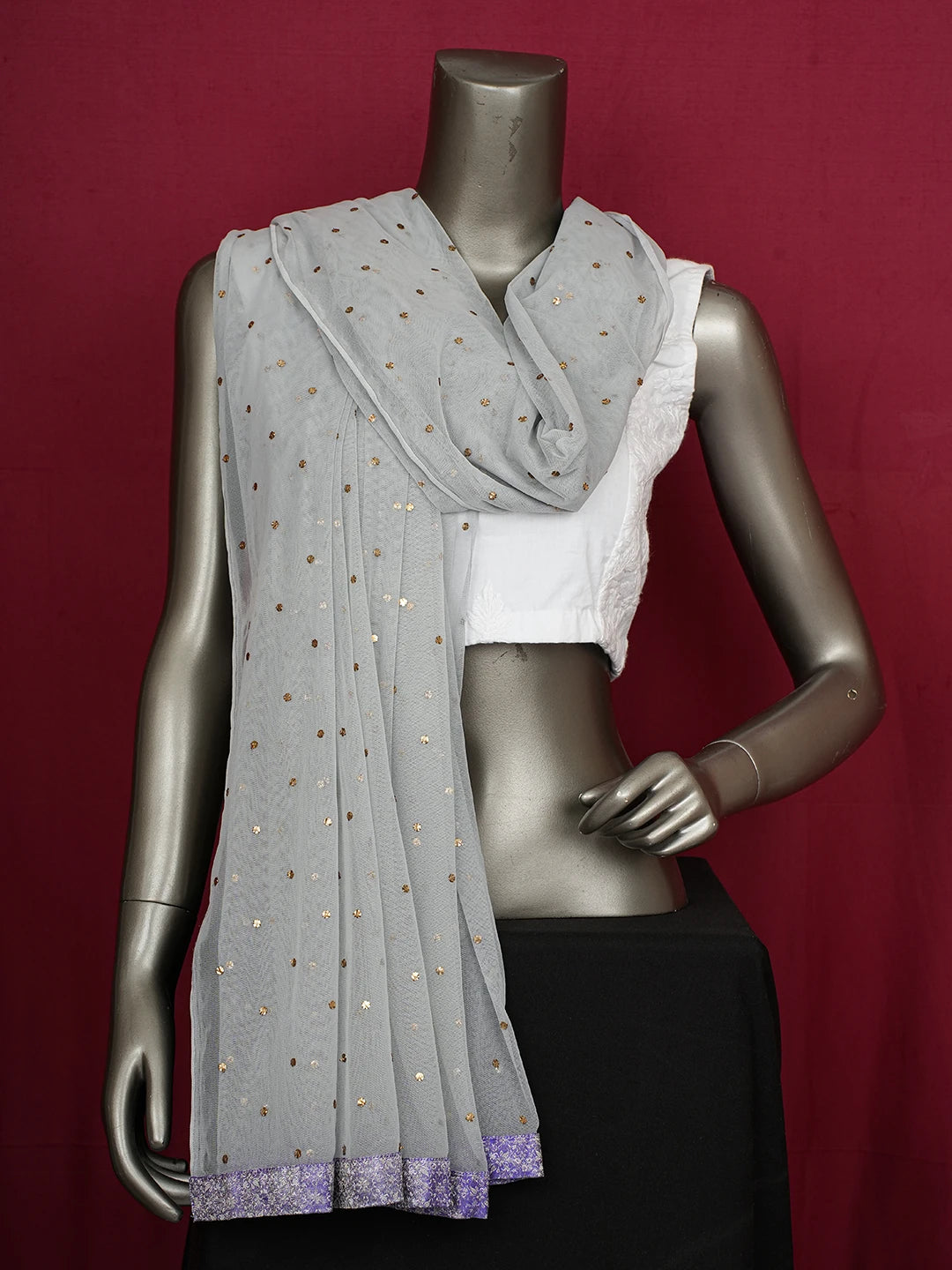 Ada Hand Embroidered Grey Net Lucknowi Chikankari Dupatta With Mukaish Work 01A632476