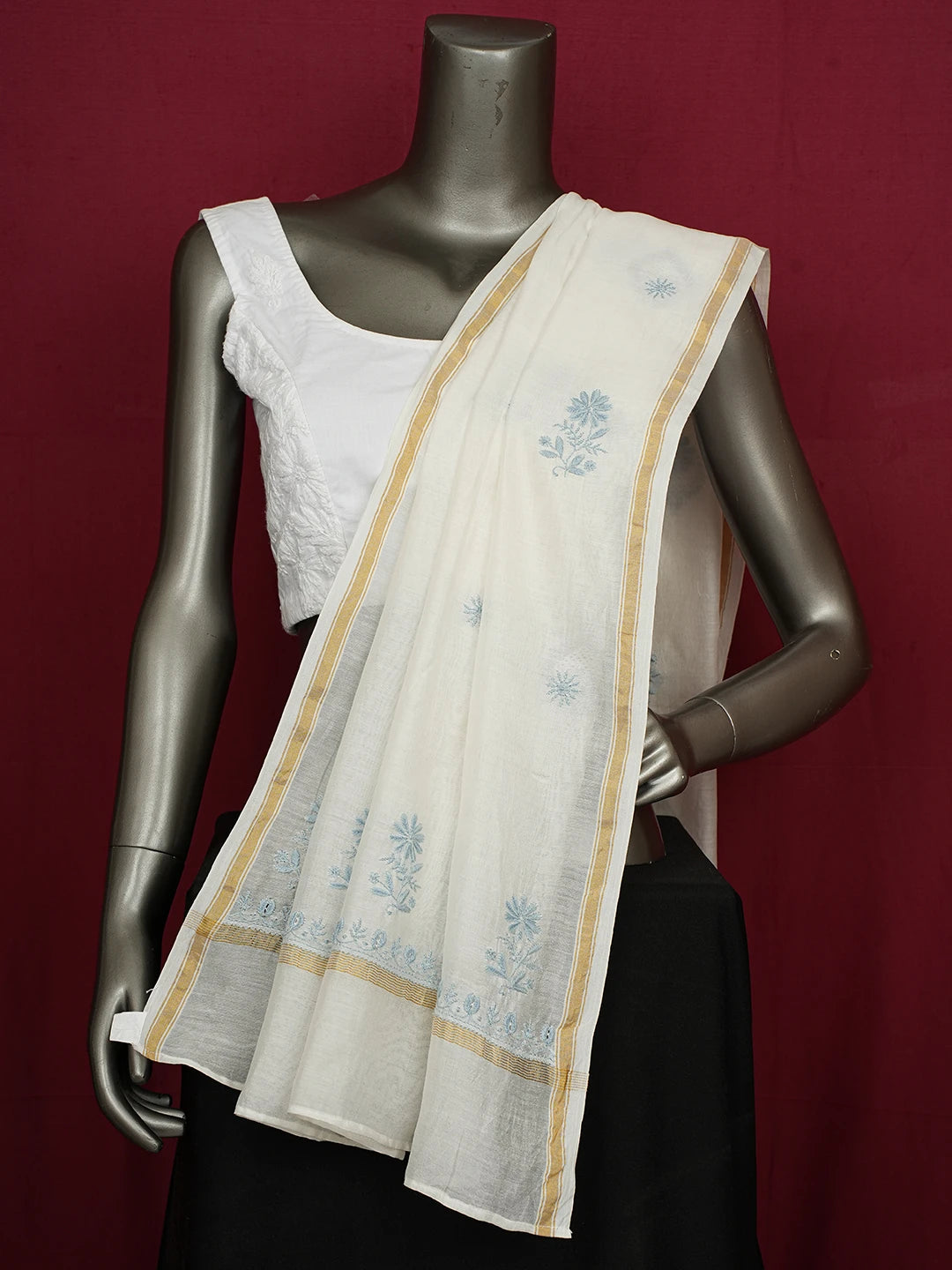 Ada Hand Embroidered White Chanderi Lucknowi Chikankari Dupatta 01A660961