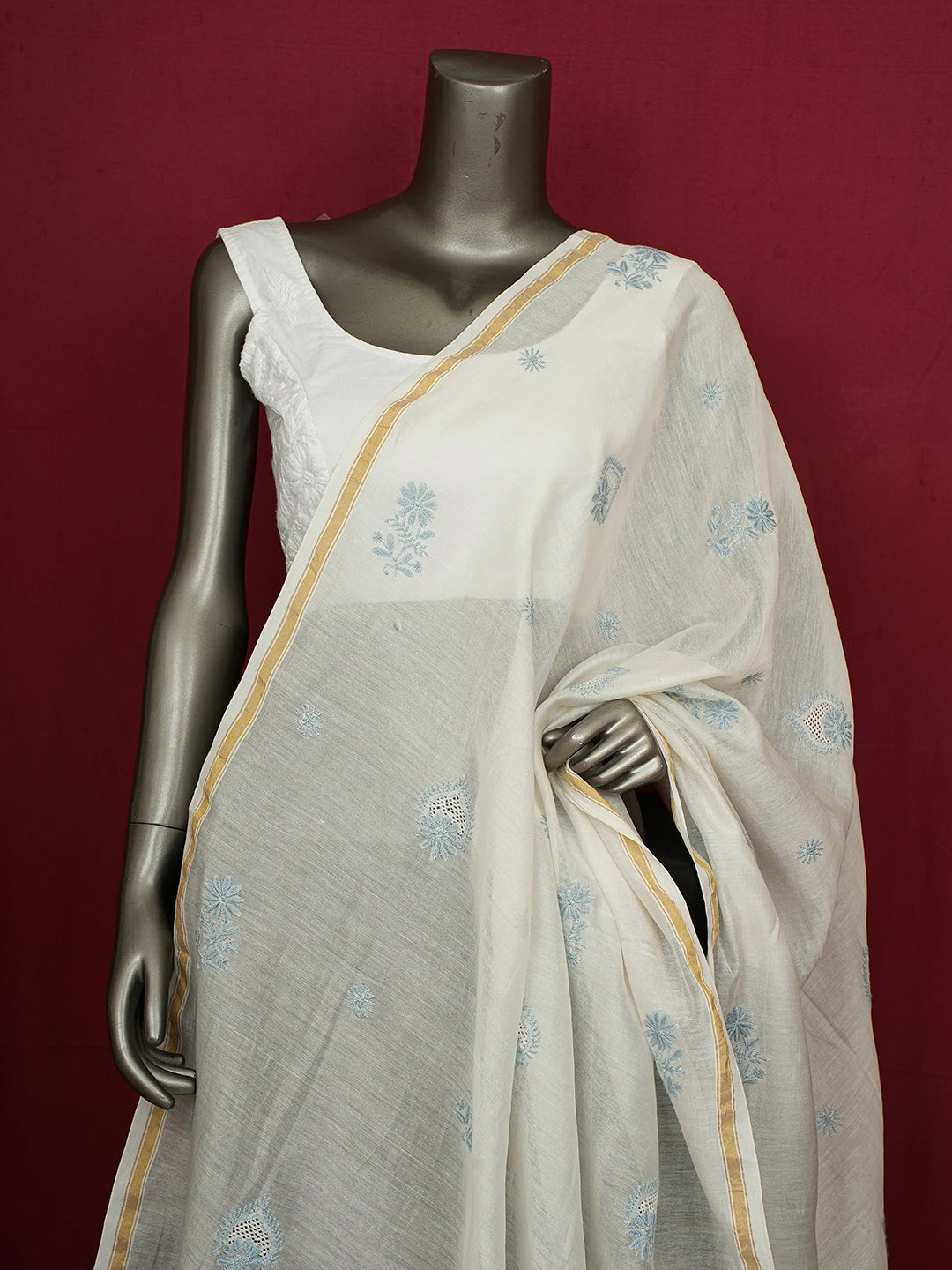 Ada Hand Embroidered White Chanderi Lucknowi Chikankari Dupatta 01A660961