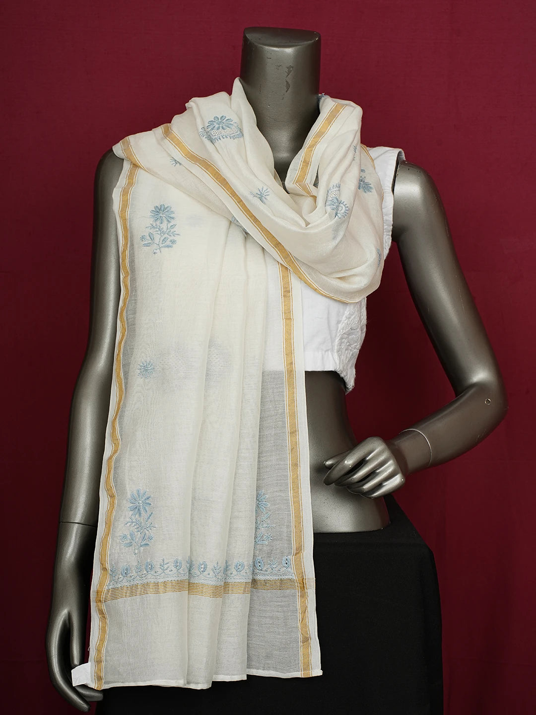 Ada Hand Embroidered White Chanderi Lucknowi Chikankari Dupatta 01A660961