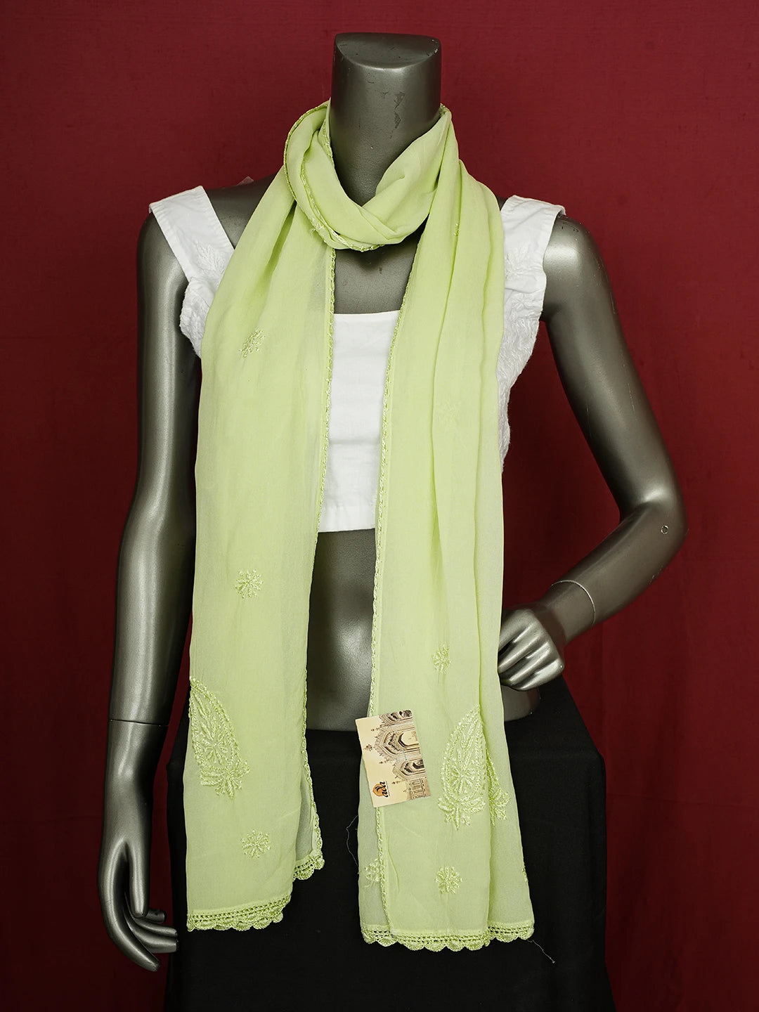 Ada Hand Embroidered Green Viscose Georgette Lucknowi Chikankari Dupatta 01A619065