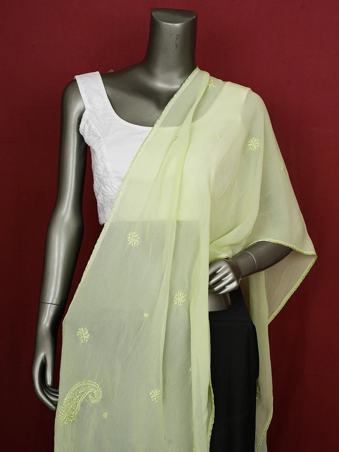 Ada Hand Embroidered Green Viscose Georgette Lucknowi Chikankari Dupatta 01A619065
