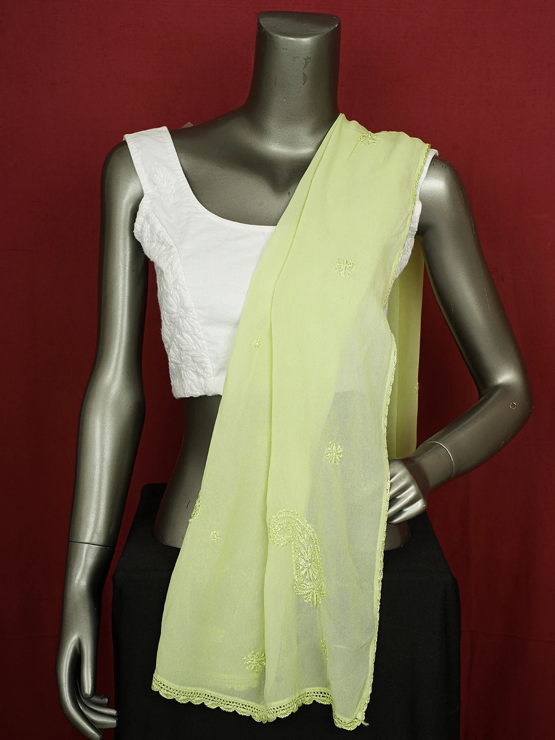Ada Hand Embroidered Green Viscose Georgette Lucknowi Chikankari Dupatta 01A619065