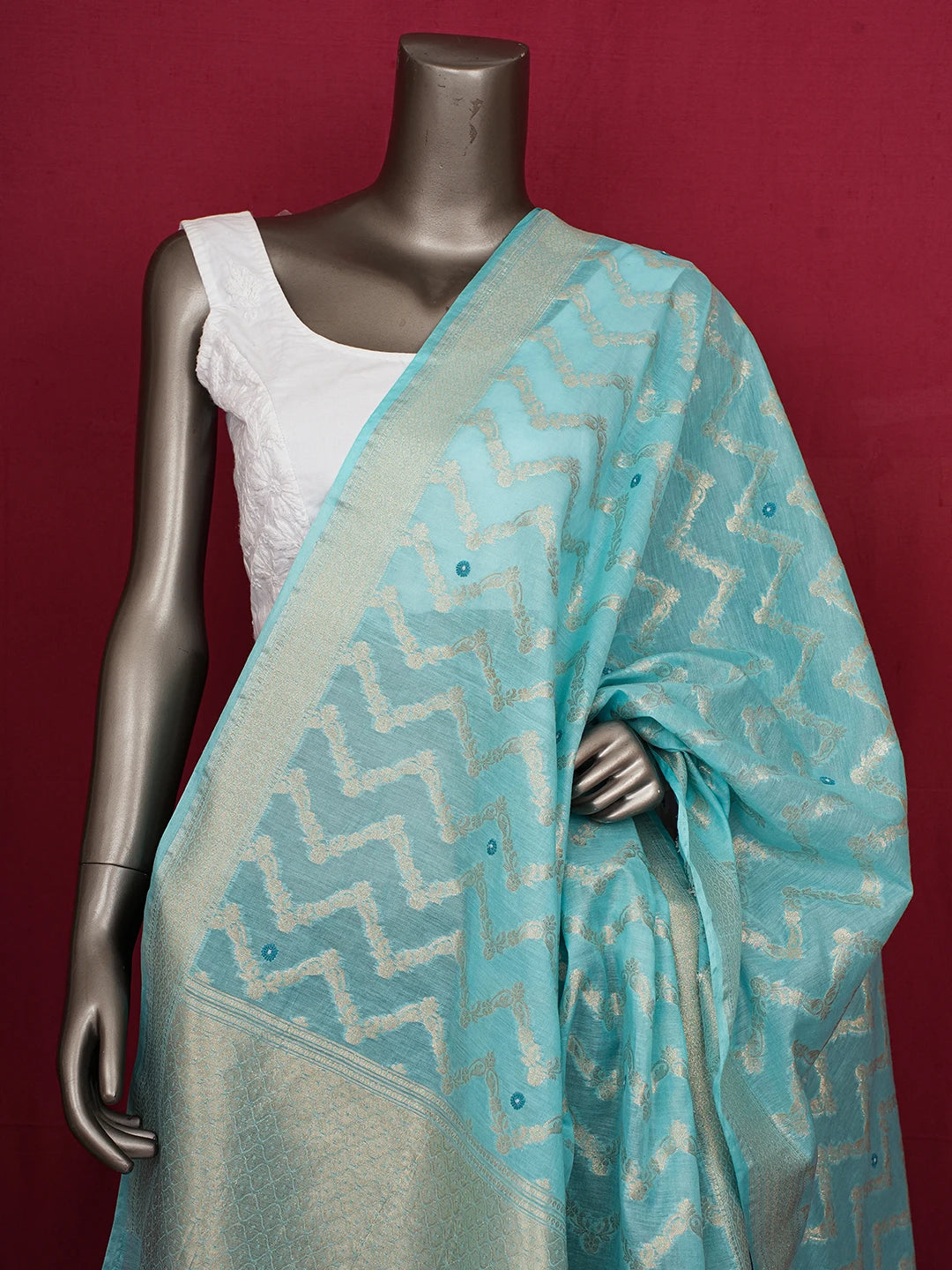 Ada Hand Embroidered Sky Blue Chiffon Lucknowi Chikankari Dupatta With Zari Work 01A508611