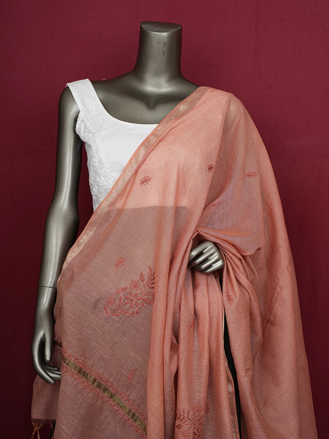 Ada Hand Embroidered Dusty Peach Chanderi Lucknowi Chikankari Dupatta 01A680932