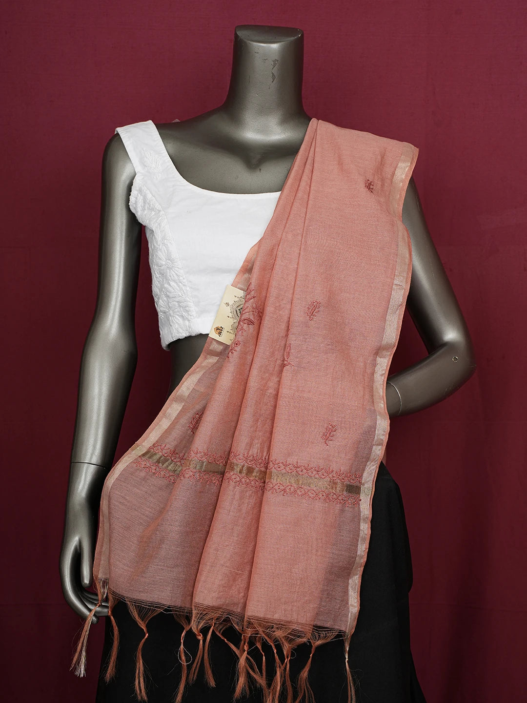 Ada Hand Embroidered Dusty Peach Chanderi Lucknowi Chikankari Dupatta 01A680932