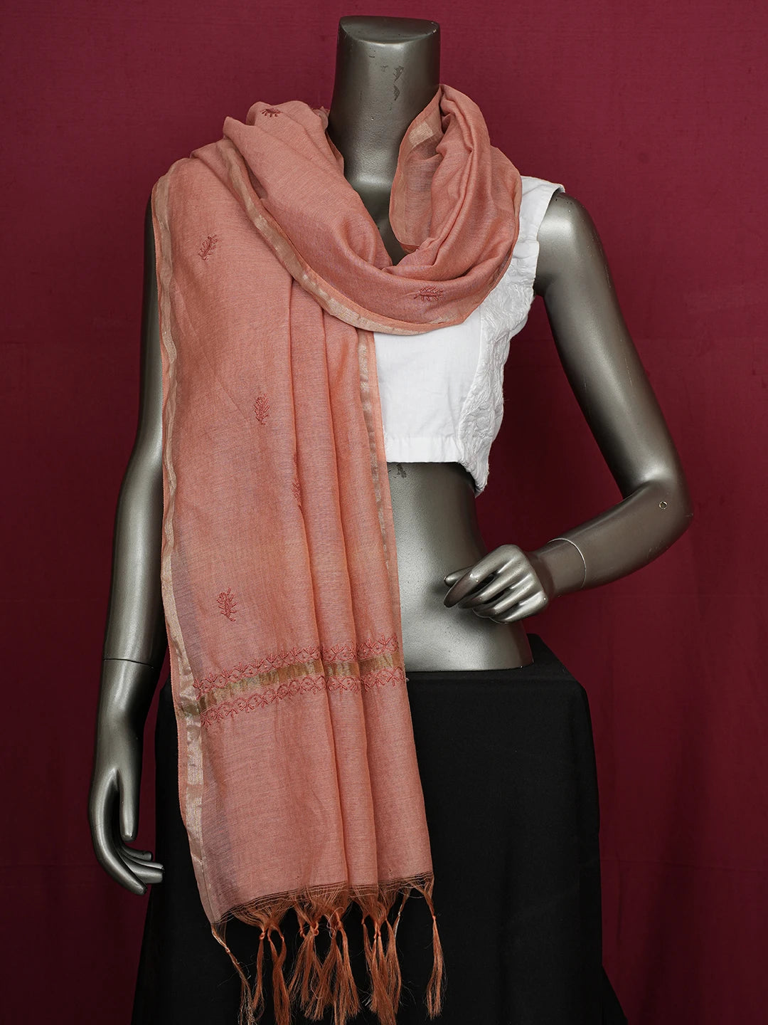 Ada Hand Embroidered Dusty Peach Chanderi Lucknowi Chikankari Dupatta 01A680932