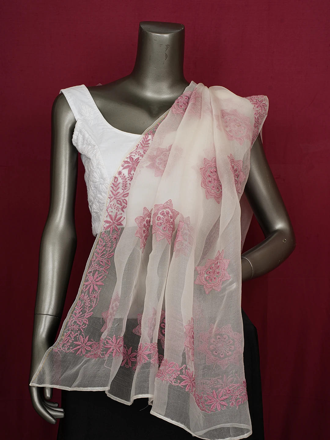 Ada Hand Embroidered White SeaShell Organza Lucknowi Chikankari Dupatta 01A695436