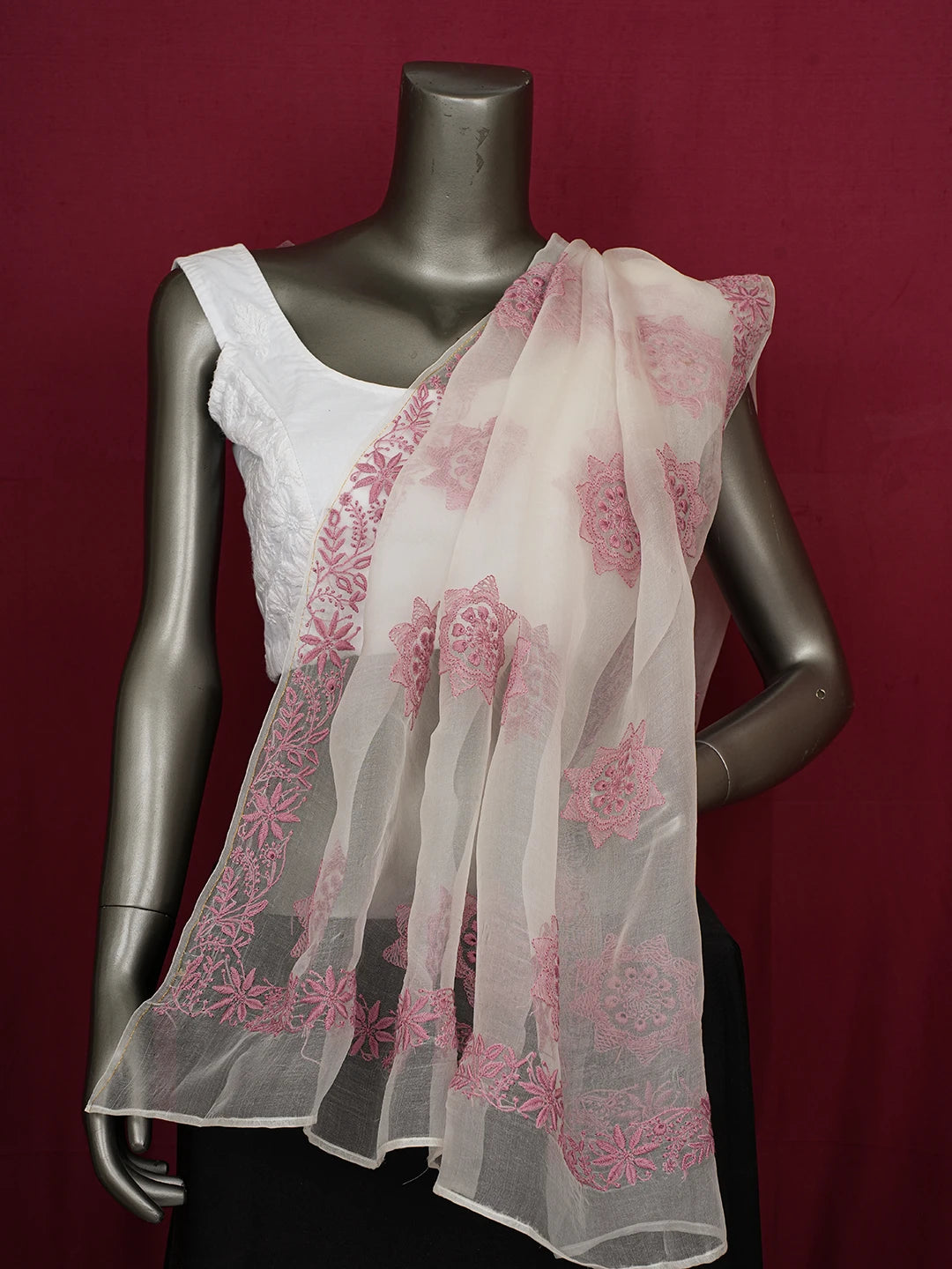 Ada Hand Embroidered White SeaShell Organza Lucknowi Chikankari Dupatta 01A695436