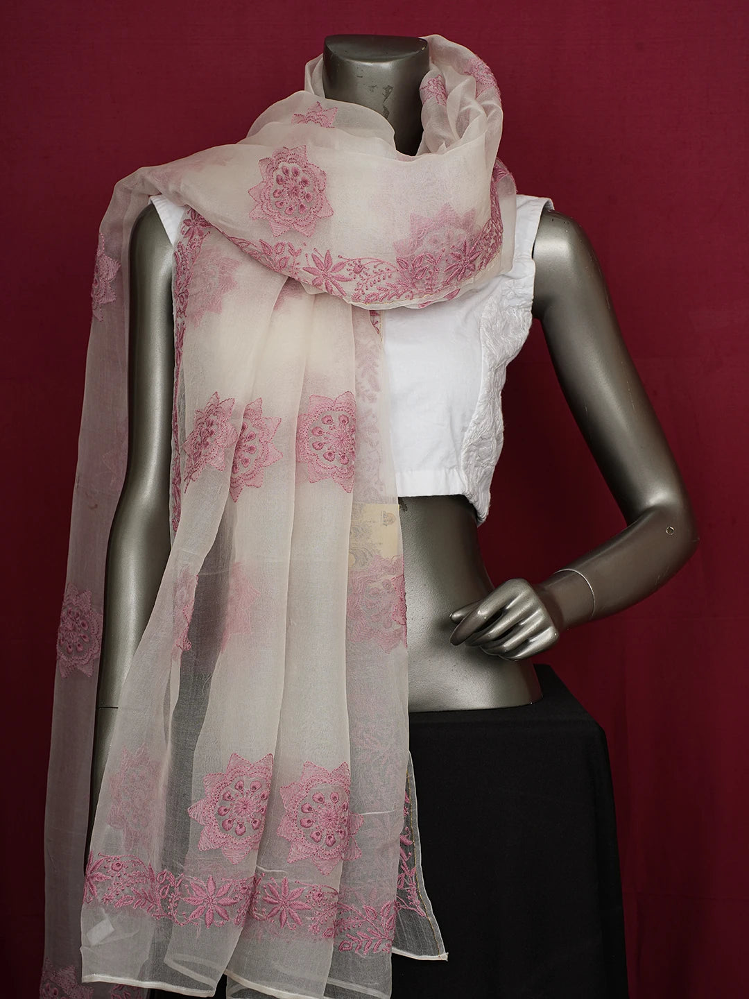 Ada Hand Embroidered White SeaShell Organza Lucknowi Chikankari Dupatta 01A695436