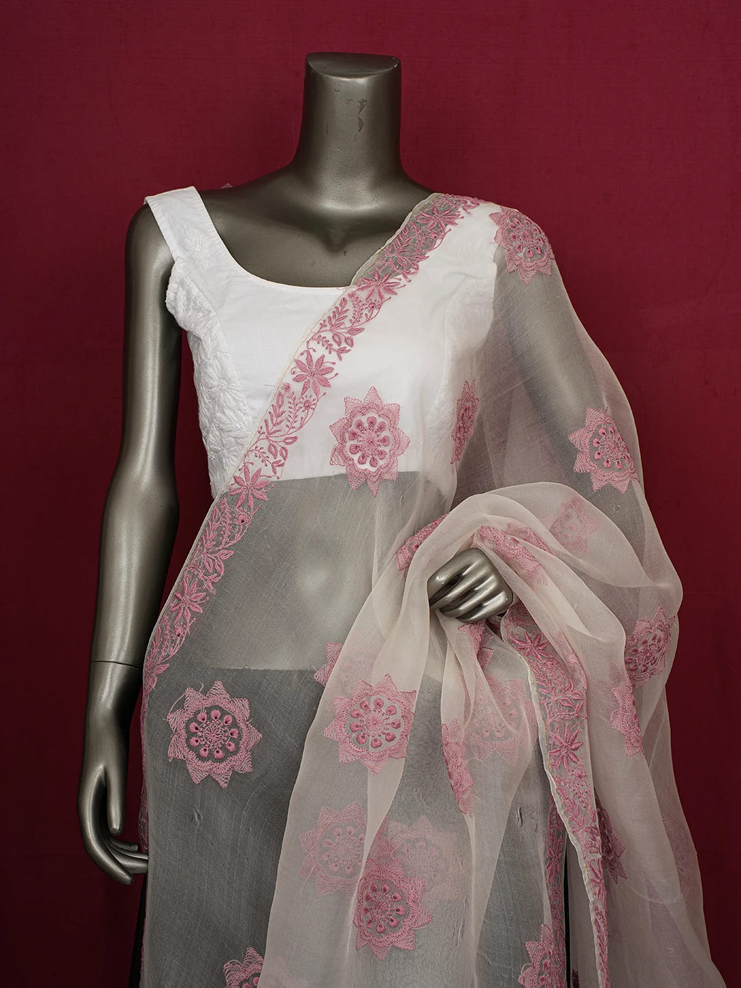 Ada Hand Embroidered White SeaShell Organza Lucknowi Chikankari Dupatta 01A695436