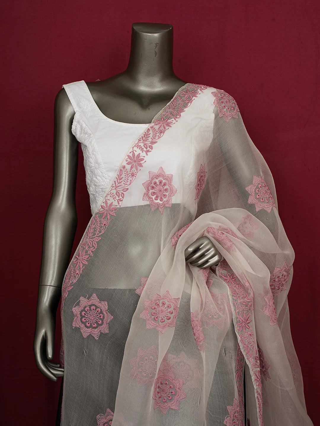 Ada Hand Embroidered White SeaShell Organza Lucknowi Chikankari Dupatta 01A695436