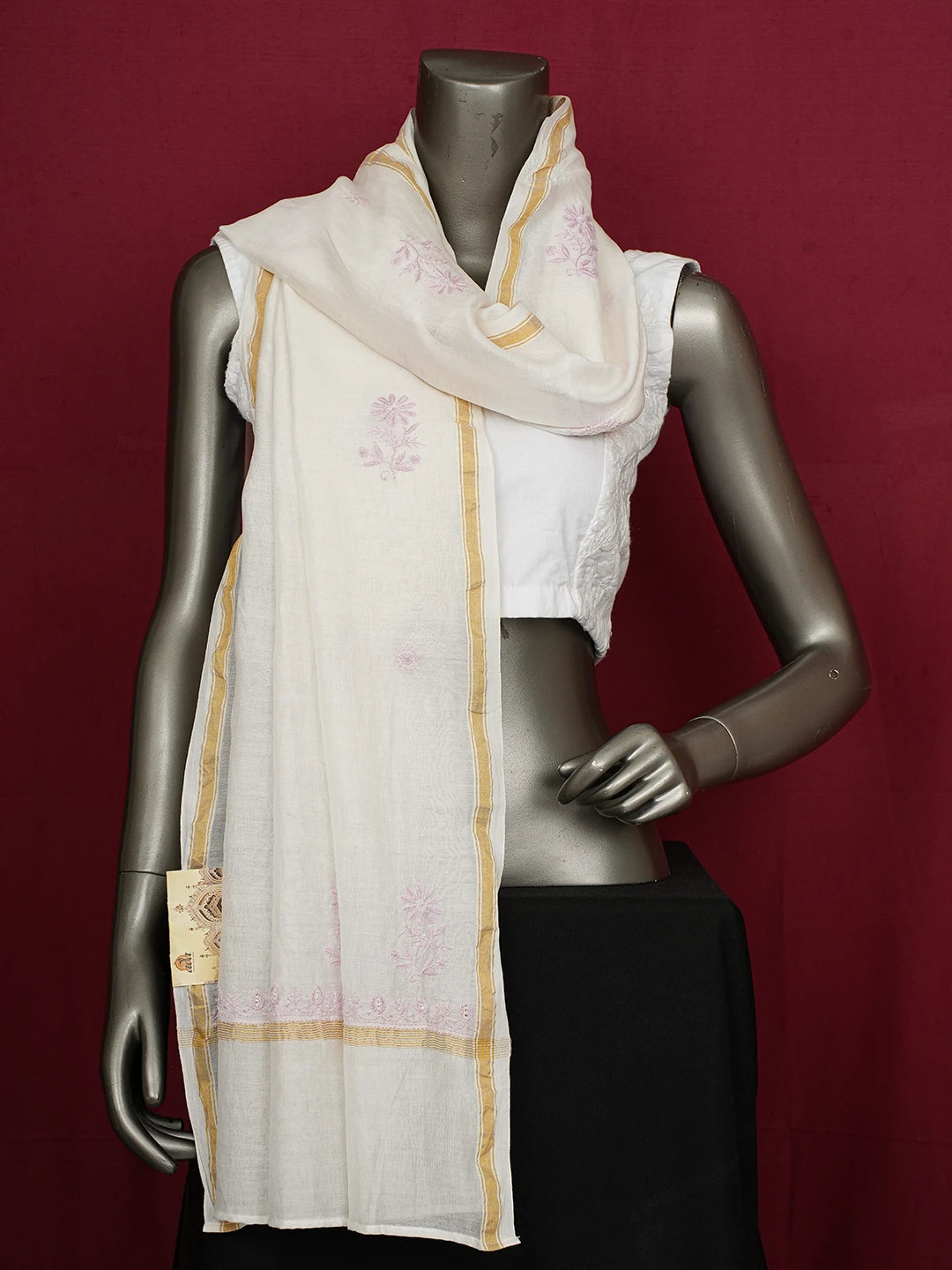 Ada Hand Embroidered White Chanderi Lucknowi Chikankari Dupatta 01A648840