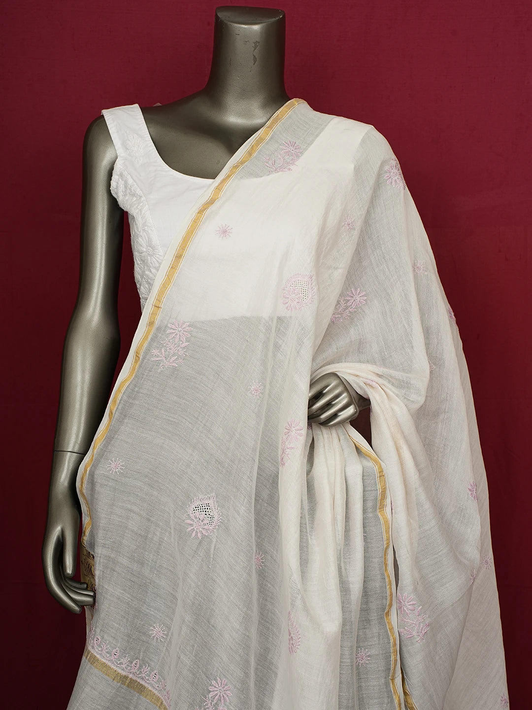 Ada Hand Embroidered White Chanderi Lucknowi Chikankari Dupatta 01A648840