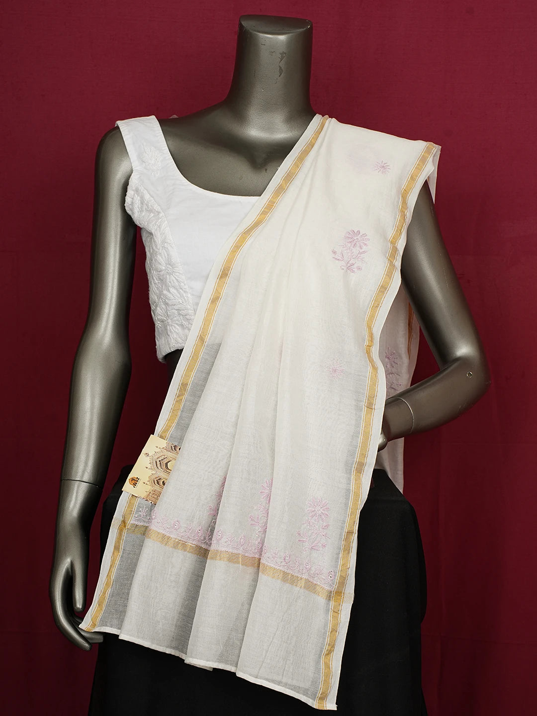 Ada Hand Embroidered White Chanderi Lucknowi Chikankari Dupatta 01A648840