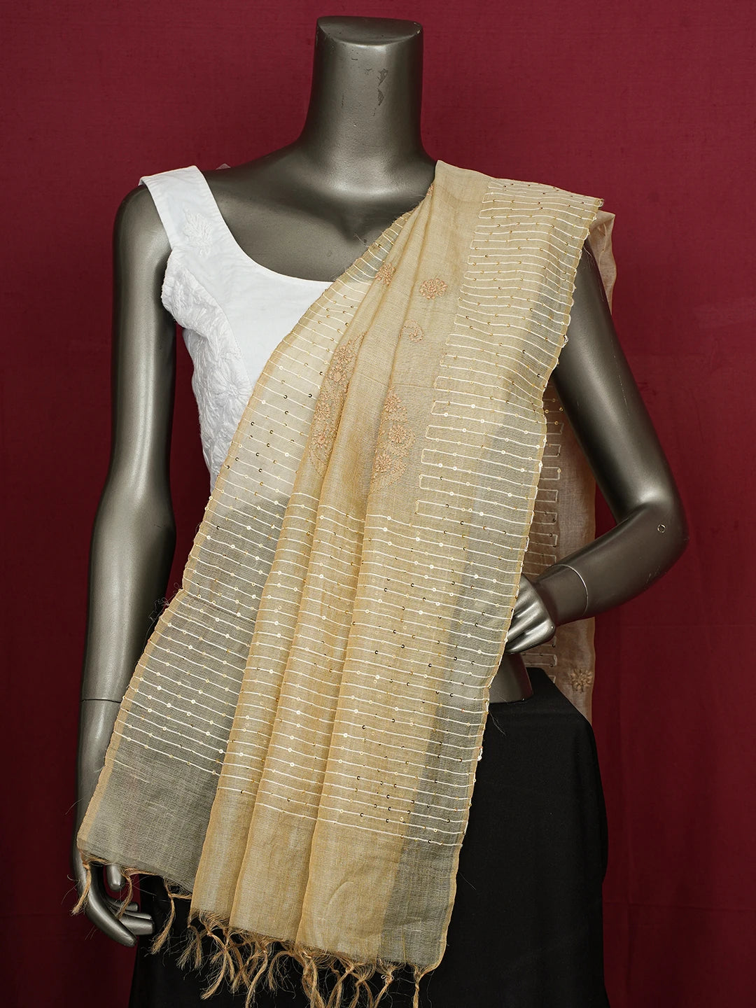 Ada Hand Embroidered Fawn Tissue Silk Lucknowi Chikankari Dupatta With Sequins Work 01A676440