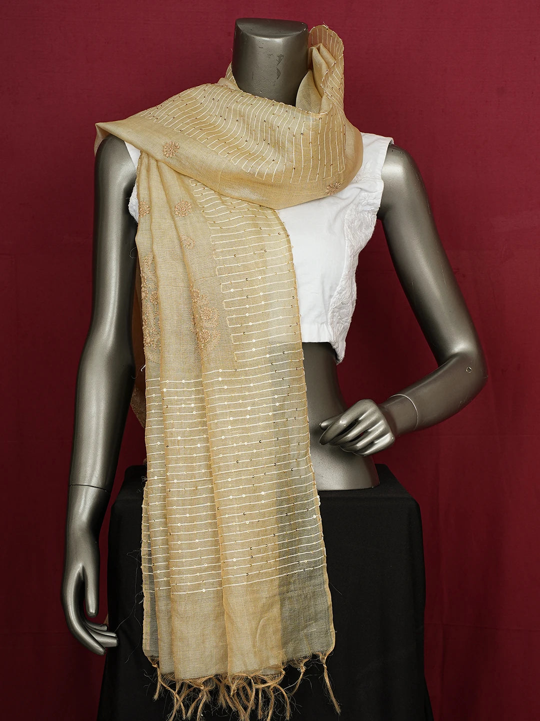 Ada Hand Embroidered Fawn Tissue Silk Lucknowi Chikankari Dupatta With Sequins Work 01A676440