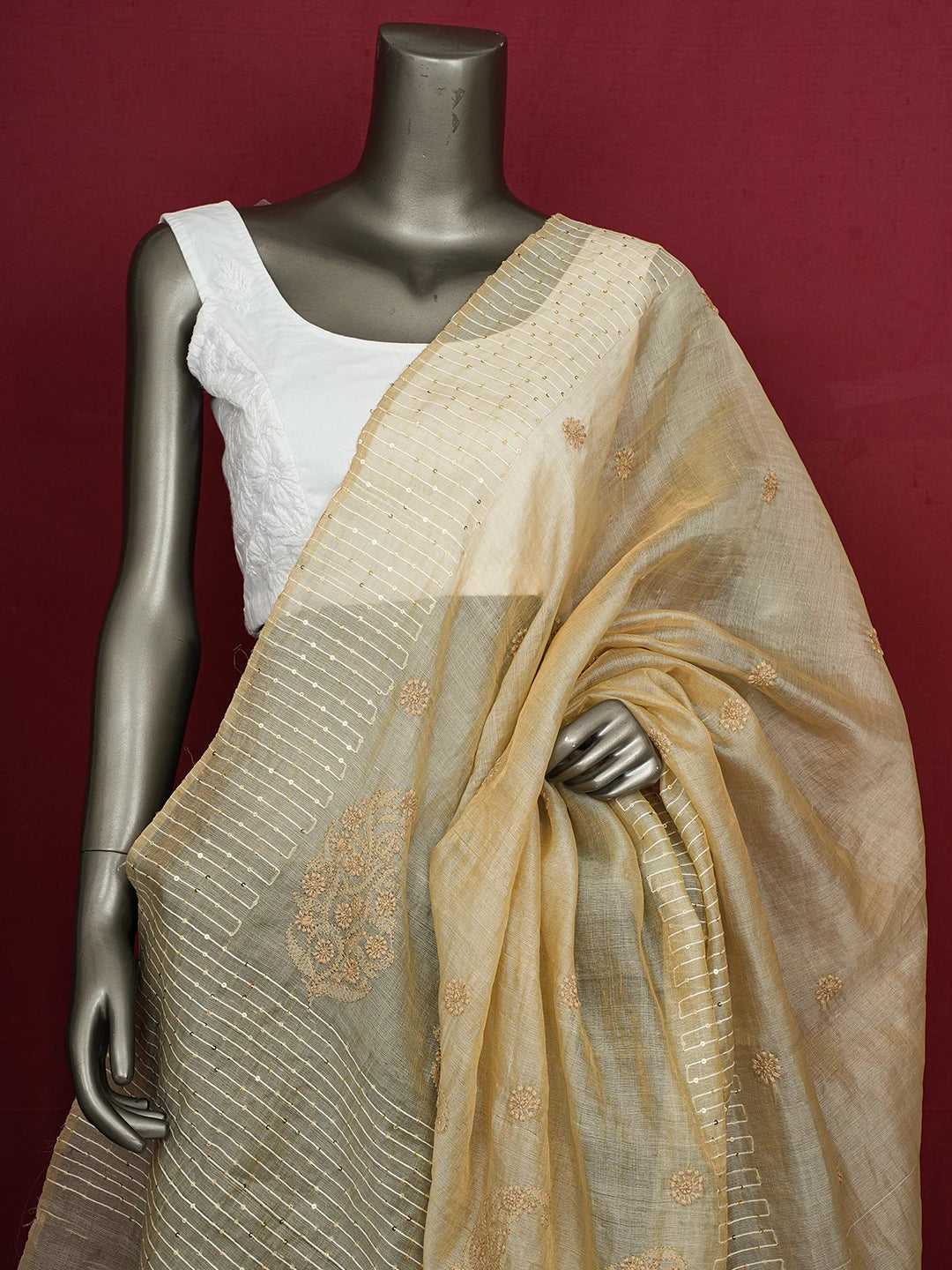 Ada Hand Embroidered Fawn Tissue Silk Lucknowi Chikankari Dupatta With Sequins Work 01A676440
