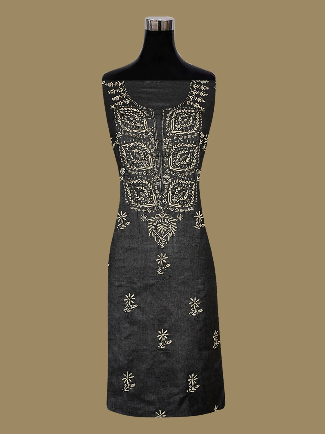 Ada Hand Embroidered Black Silk Lucknowi Chikankari Unstitched Kurta Dupatta Set 01A705388