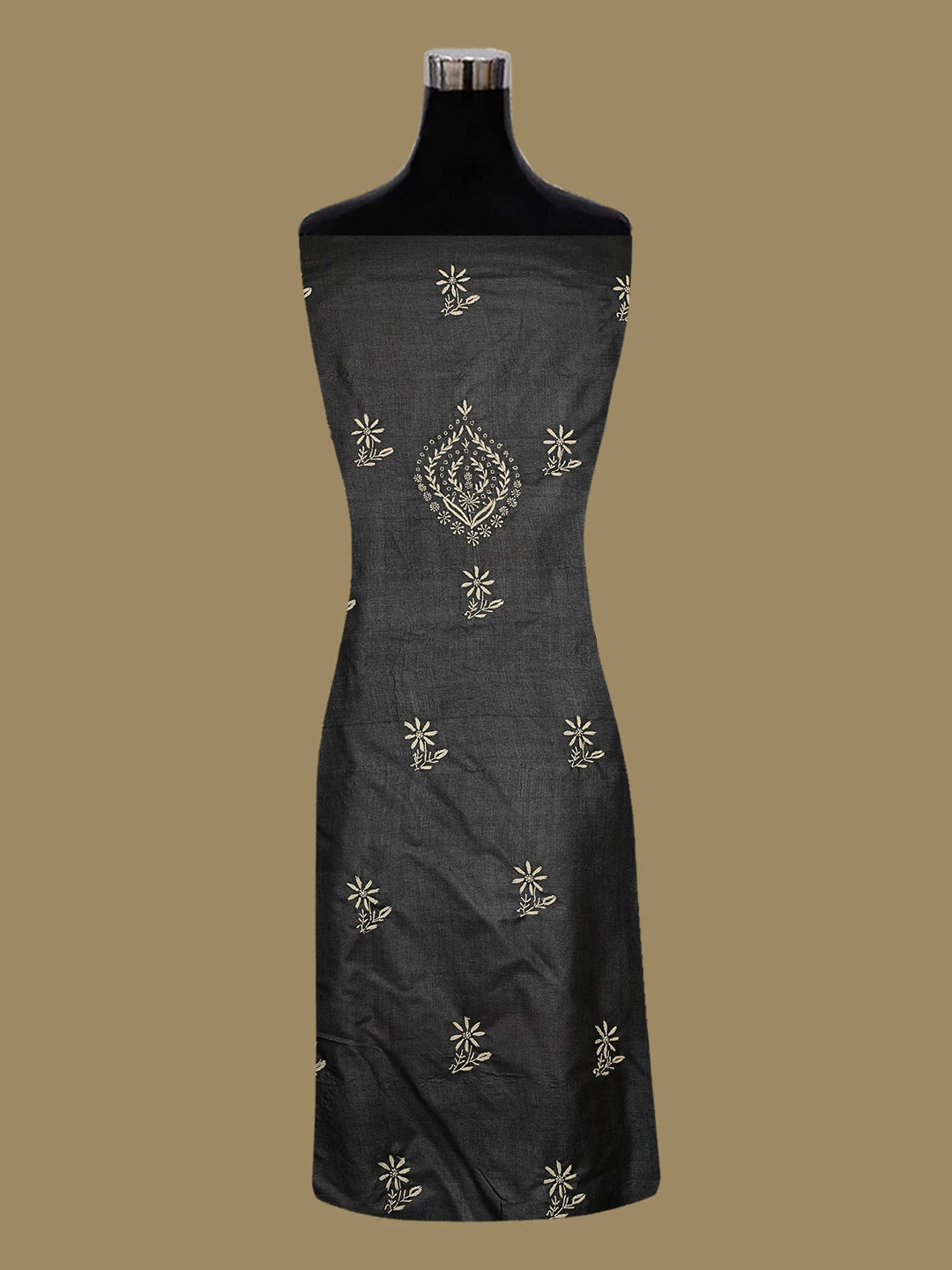 Ada Hand Embroidered Black Silk Lucknowi Chikankari Unstitched Kurta Dupatta Set 01A705388
