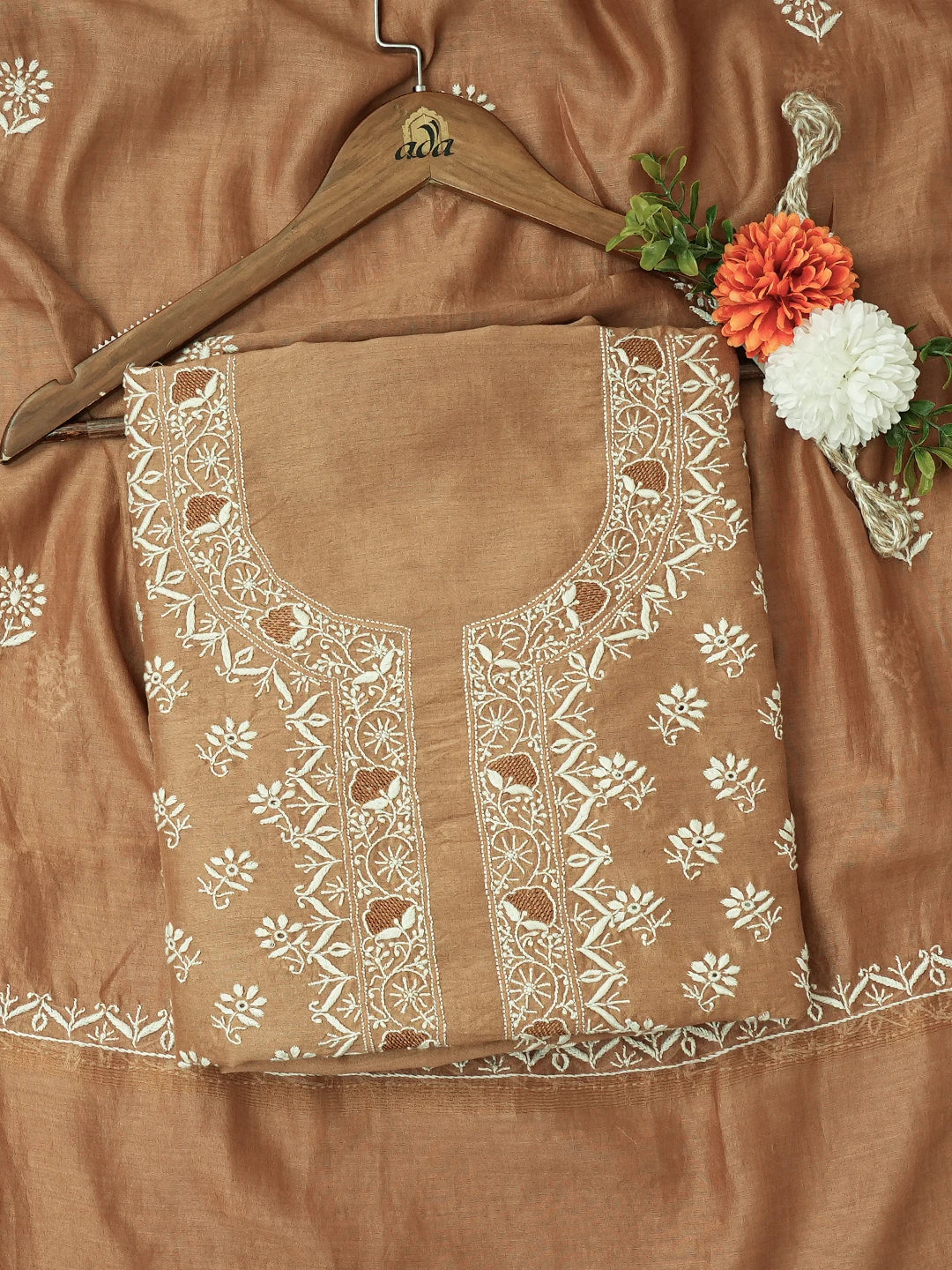Ada Hand Embroidered Sepia Brown Chanderi Lucknowi Chikankari Unstitched Kurta Dupatta Set 01A705042
