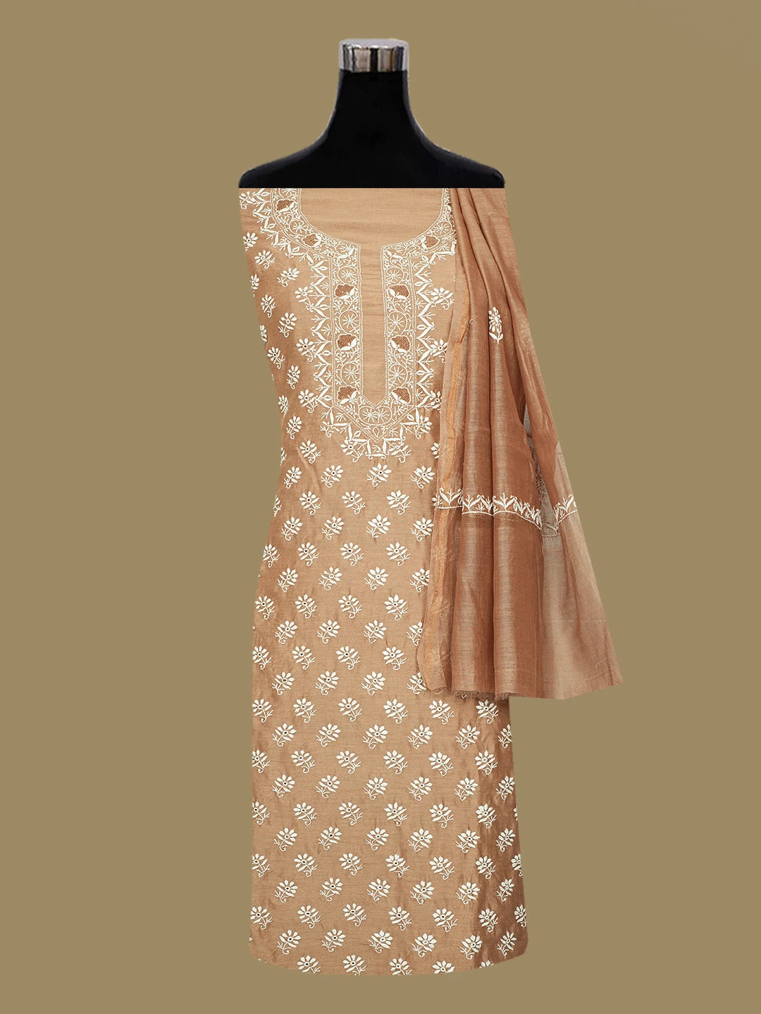 Ada Hand Embroidered Sepia Brown Chanderi Lucknowi Chikankari Unstitched Kurta Dupatta Set 01A705042