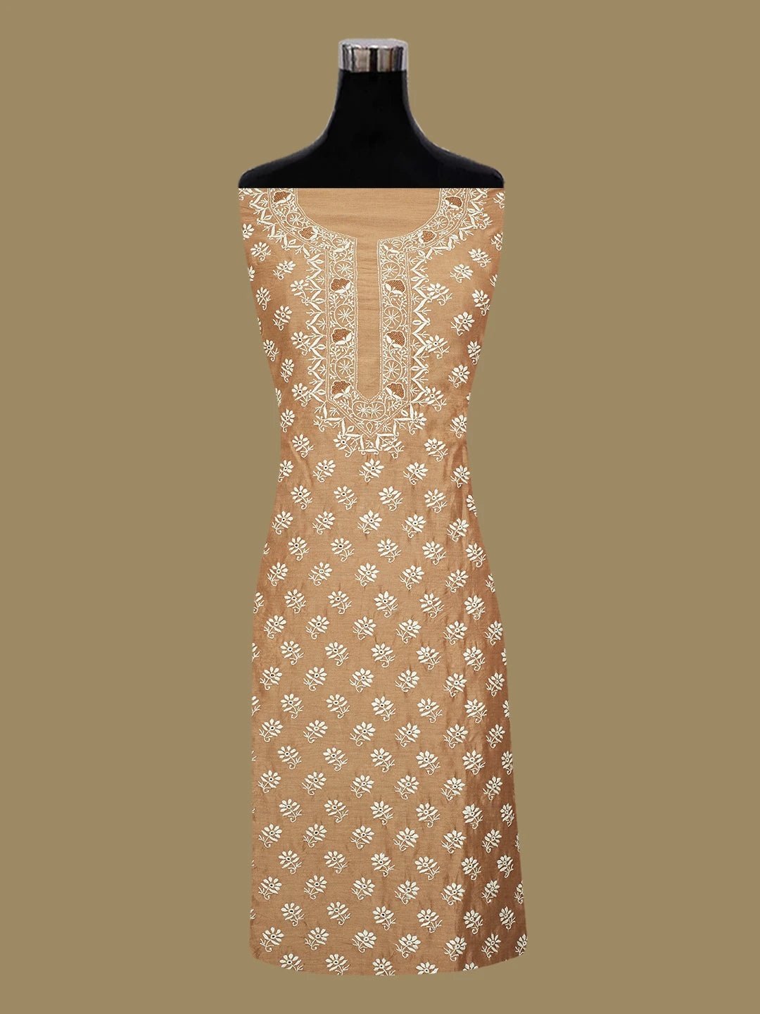 Ada Hand Embroidered Sepia Brown Chanderi Lucknowi Chikankari Unstitched Kurta Dupatta Set 01A705042