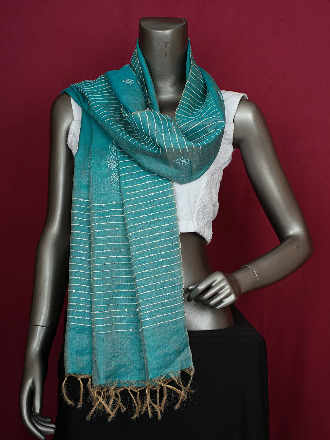 Ada Hand Embroidered Blue Tissue Silk Lucknowi Chikankari Dupatta With Sequins Work 01A676450
