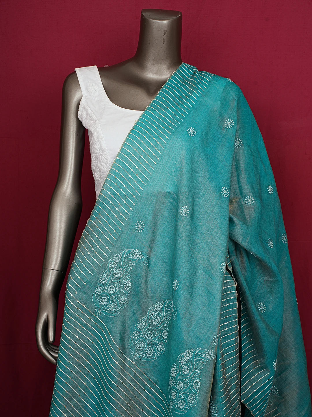 Ada Hand Embroidered Blue Tissue Silk Lucknowi Chikankari Dupatta With Sequins Work 01A676450
