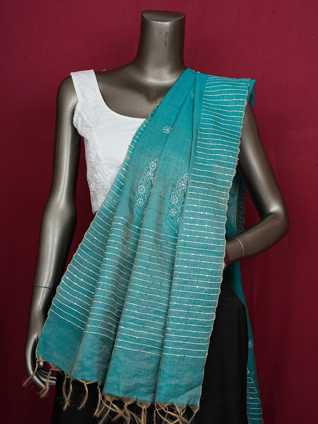 Ada Hand Embroidered Blue Tissue Silk Lucknowi Chikankari Dupatta With Sequins Work 01A676450