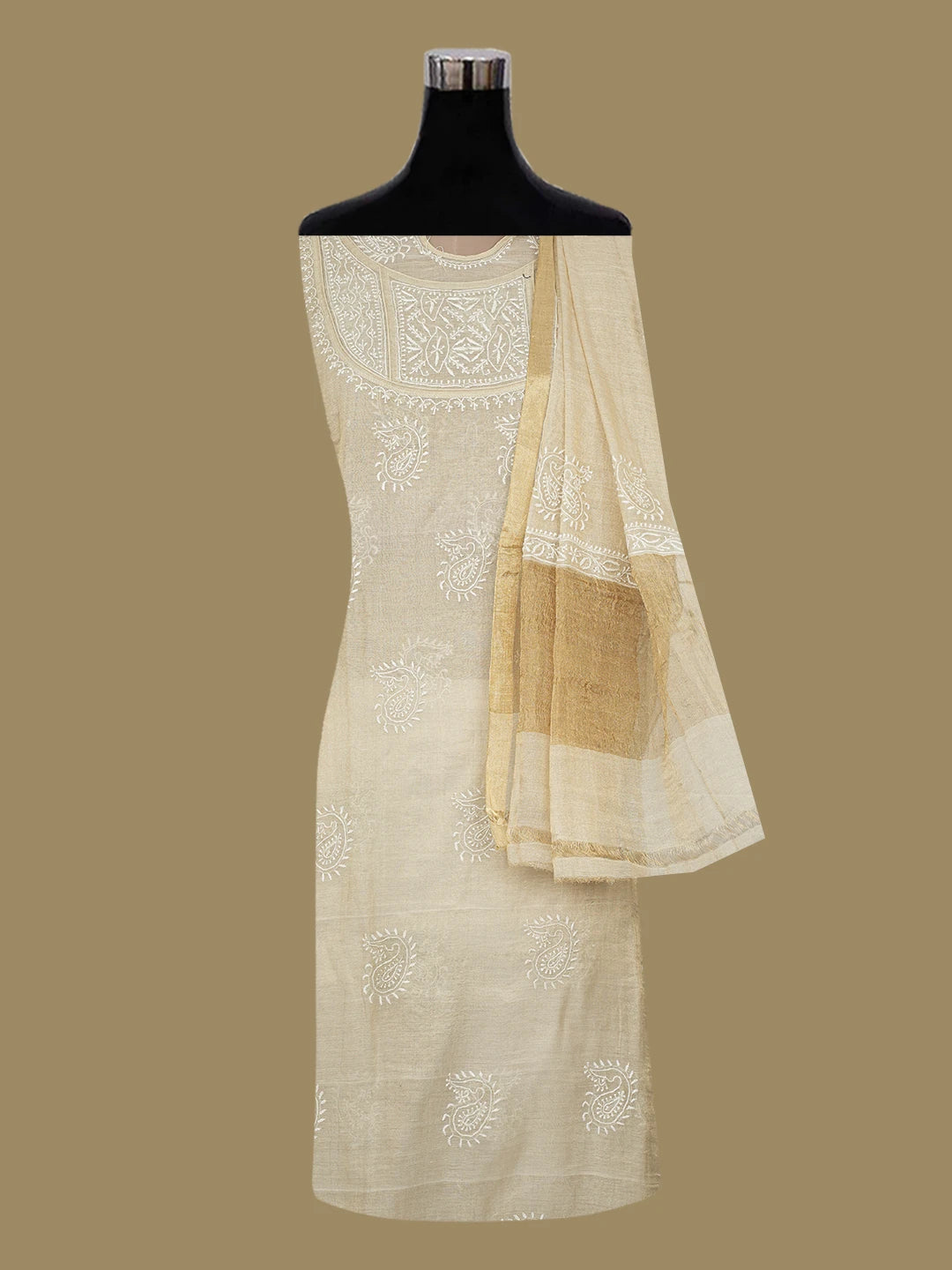Ada Hand Embroidered Fawn Tissue Lucknowi Chikankari Semi-Stitched Kurta Dupatta Set 01A205791