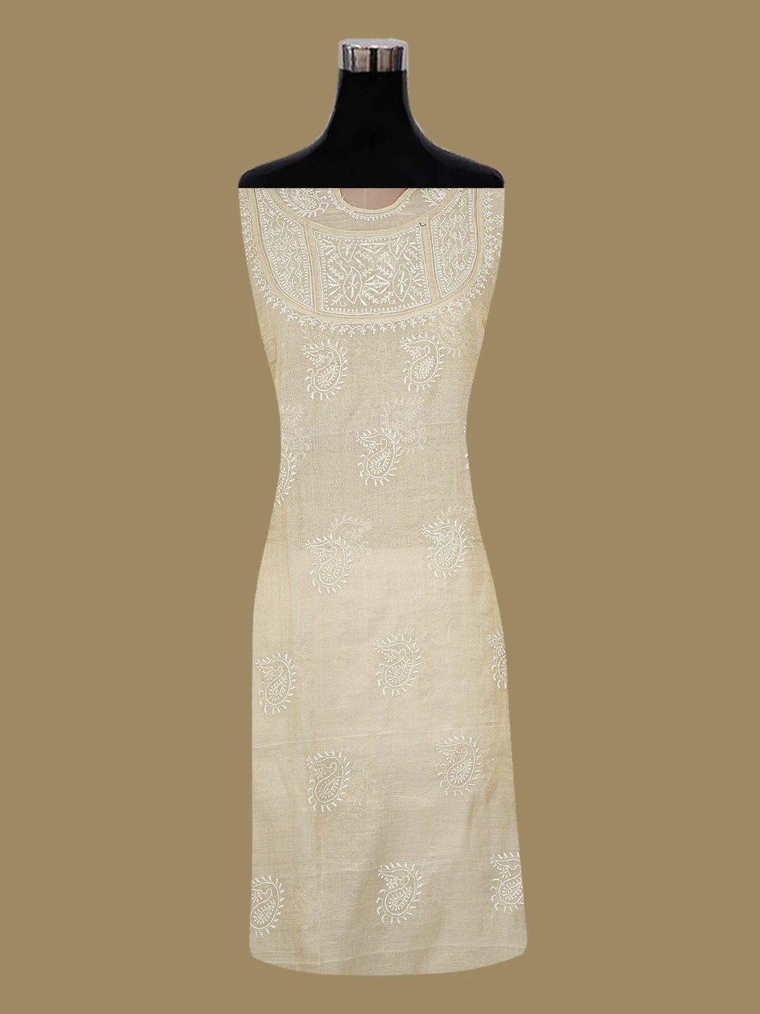 Ada Hand Embroidered Fawn Tissue Lucknowi Chikankari Semi-Stitched Kurta Dupatta Set 01A205791