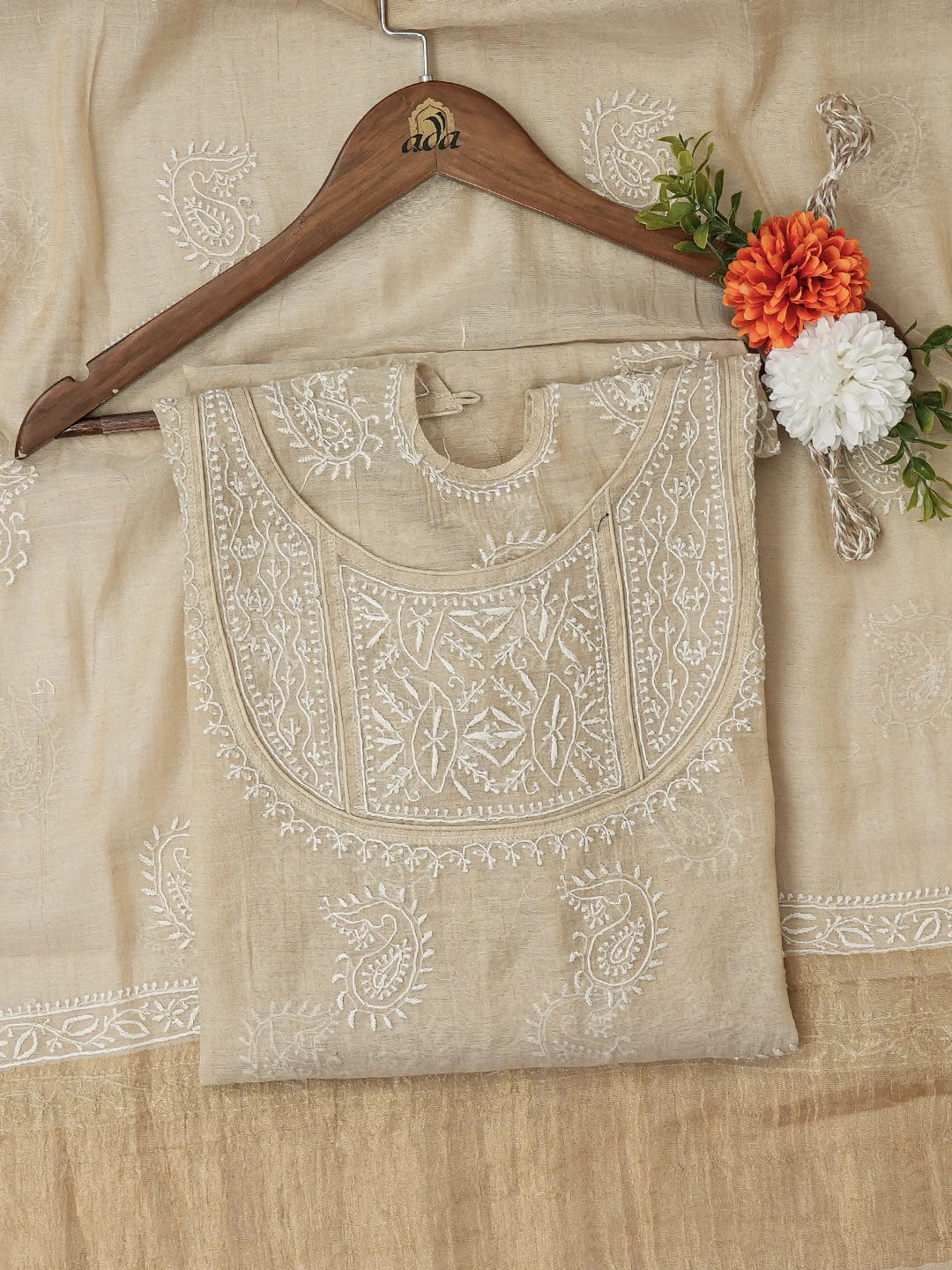 Ada Hand Embroidered Fawn Tissue Lucknowi Chikankari Semi-Stitched Kurta Dupatta Set 01A205791
