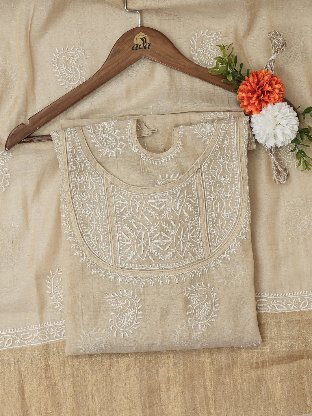 Ada Hand Embroidered Fawn Tissue Lucknowi Chikankari Semi-Stitched Kurta Dupatta Set 01A205791
