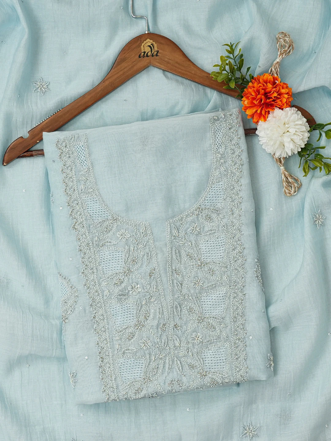 Ada Hand Embroidered Baby Blue Chanderi Lucknowi Chikankari Unstitched Kurta Dupatta Set With Sequinned Work 01A682802