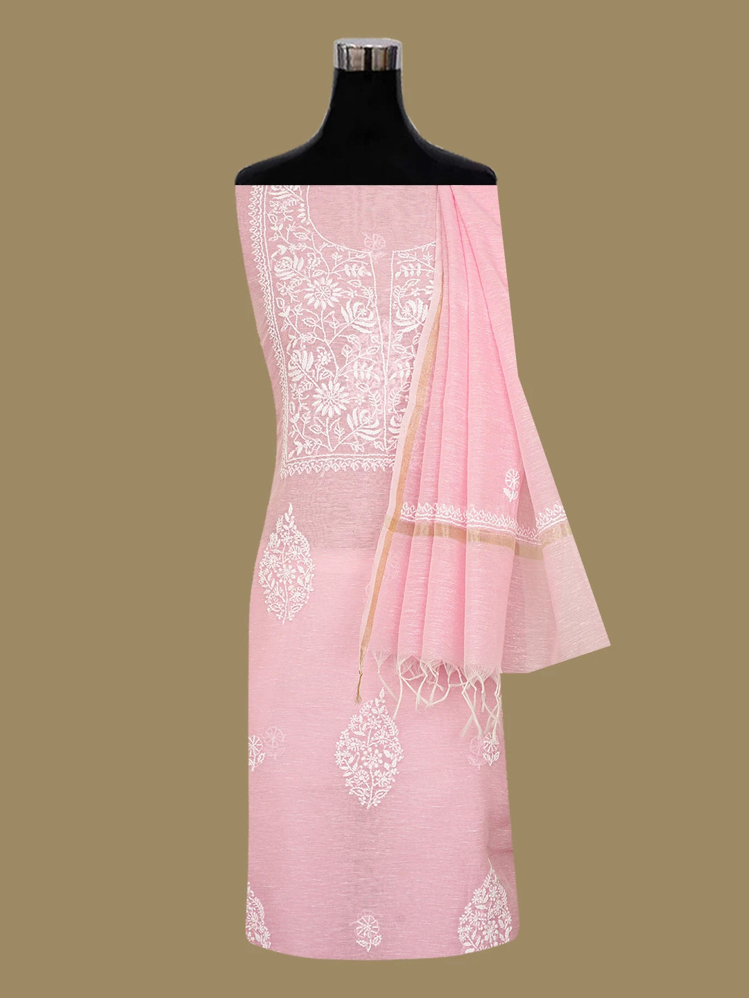Ada Hand Embroidered Pink Chanderi Lucknowi Chikankari Unstitched Kurta Dupatta Set 01A677263