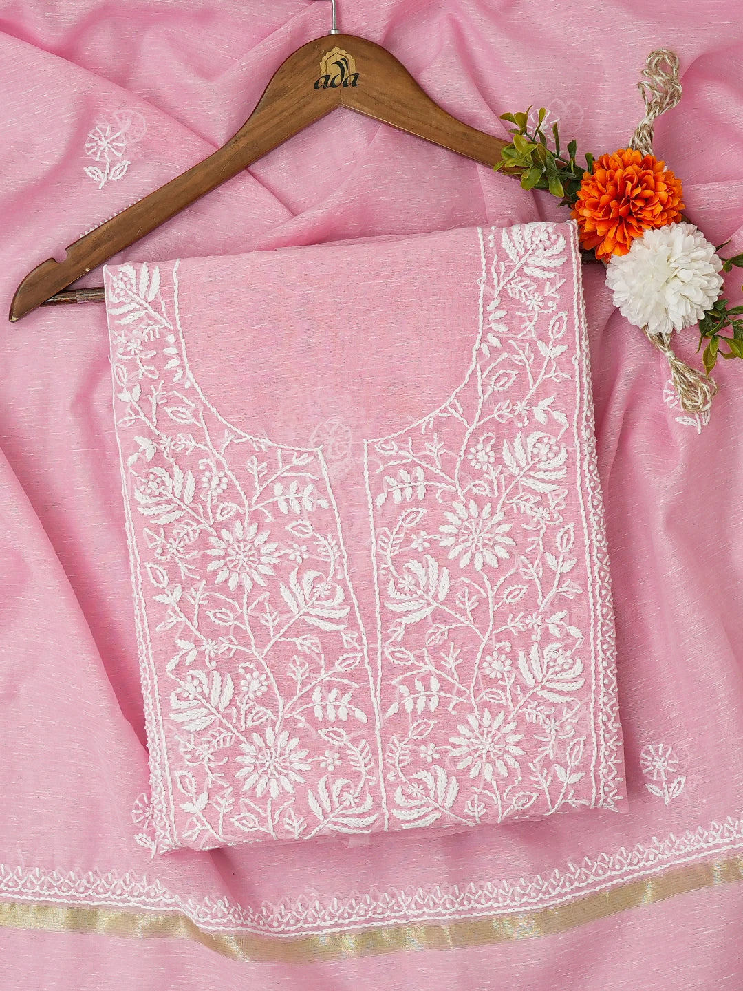 Ada Hand Embroidered Pink Chanderi Lucknowi Chikankari Unstitched Kurta Dupatta Set 01A677263