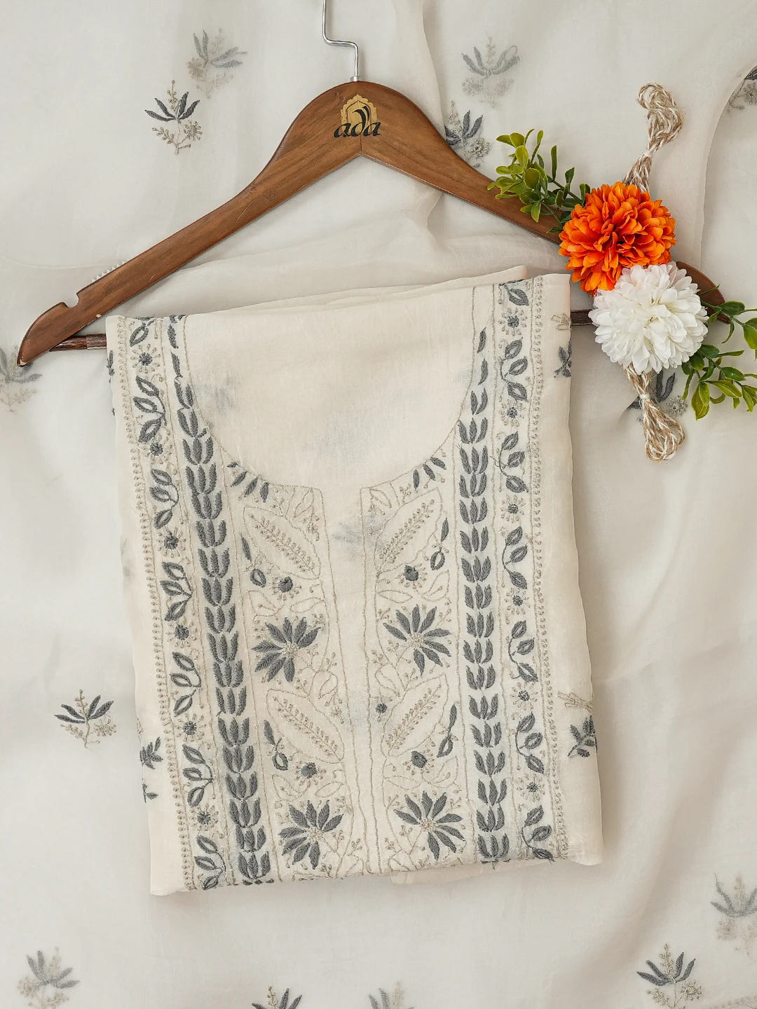 Ada Hand Embroidered White Organza Lucknowi Chikankari Unstitched Kurta Dupatta Set 01A650808